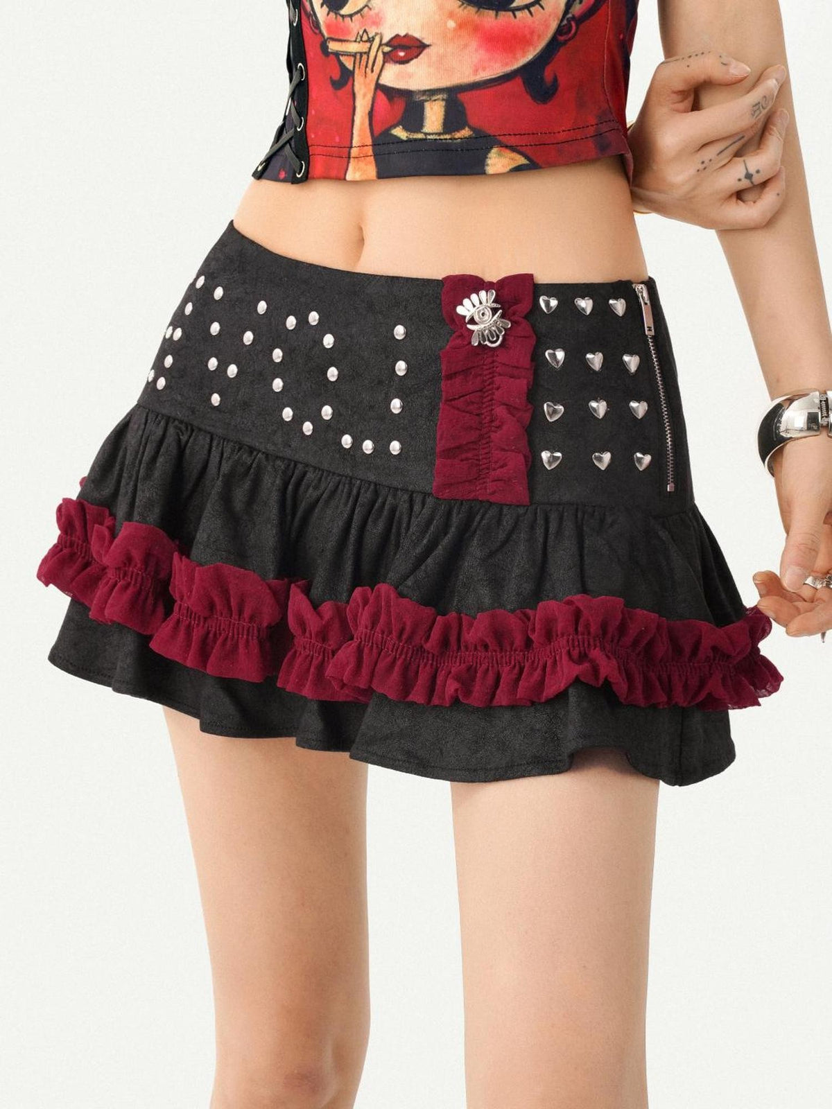 Nico Molly Black Red Studded Patchwork Tiered Women&