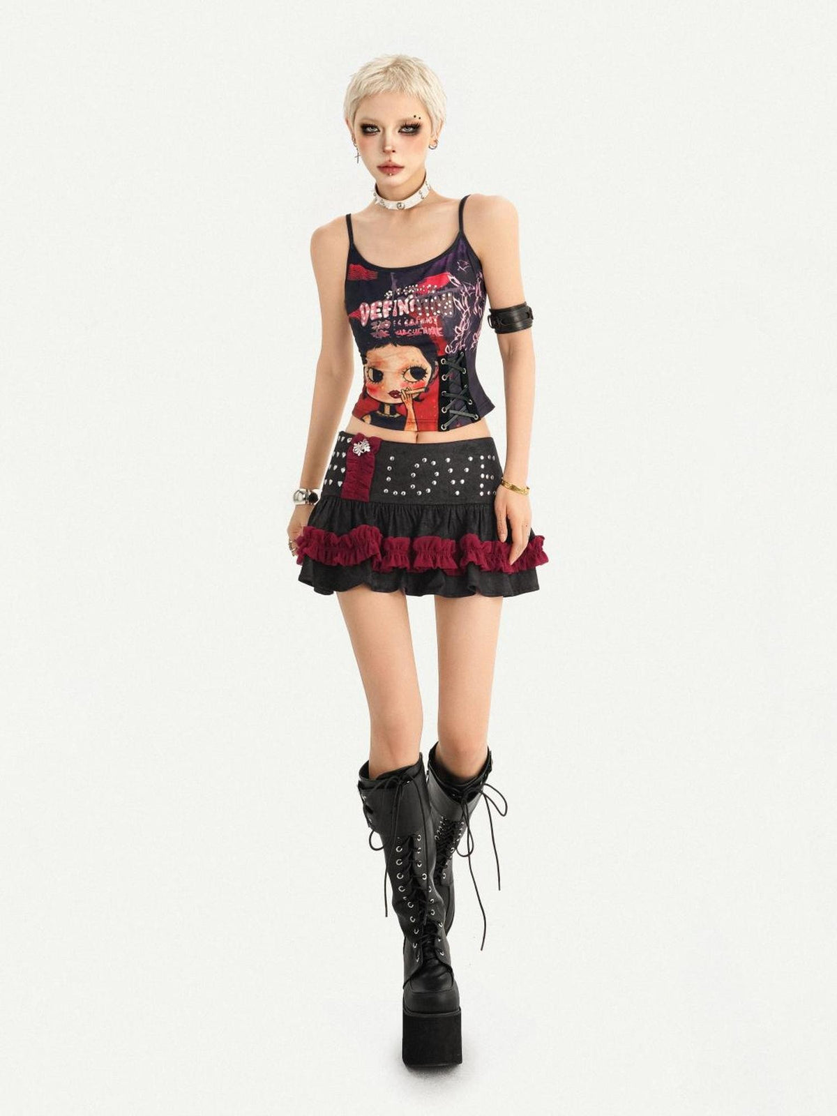 Nico Molly Black Red Studded Patchwork Tiered Women&