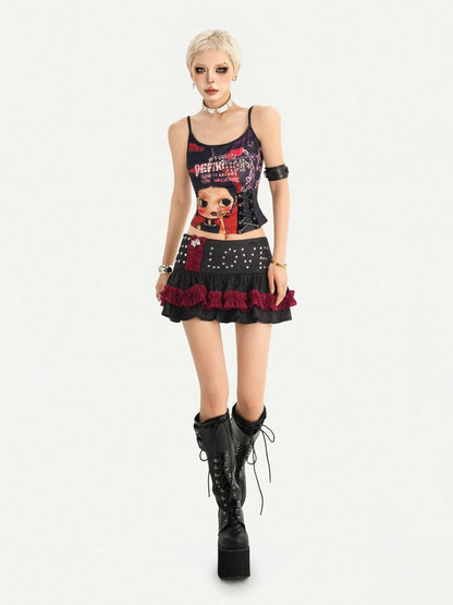 Nico Molly Black Red Studded Patchwork Tiered Women&