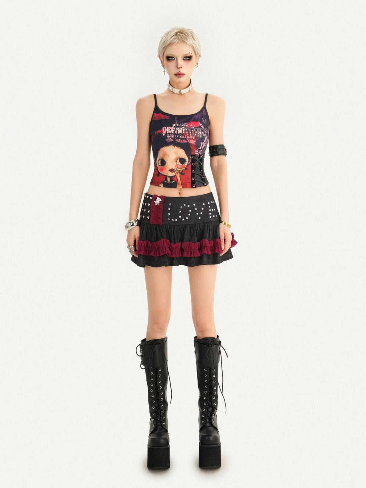 Nico Molly Black Red Studded Patchwork Tiered Women&