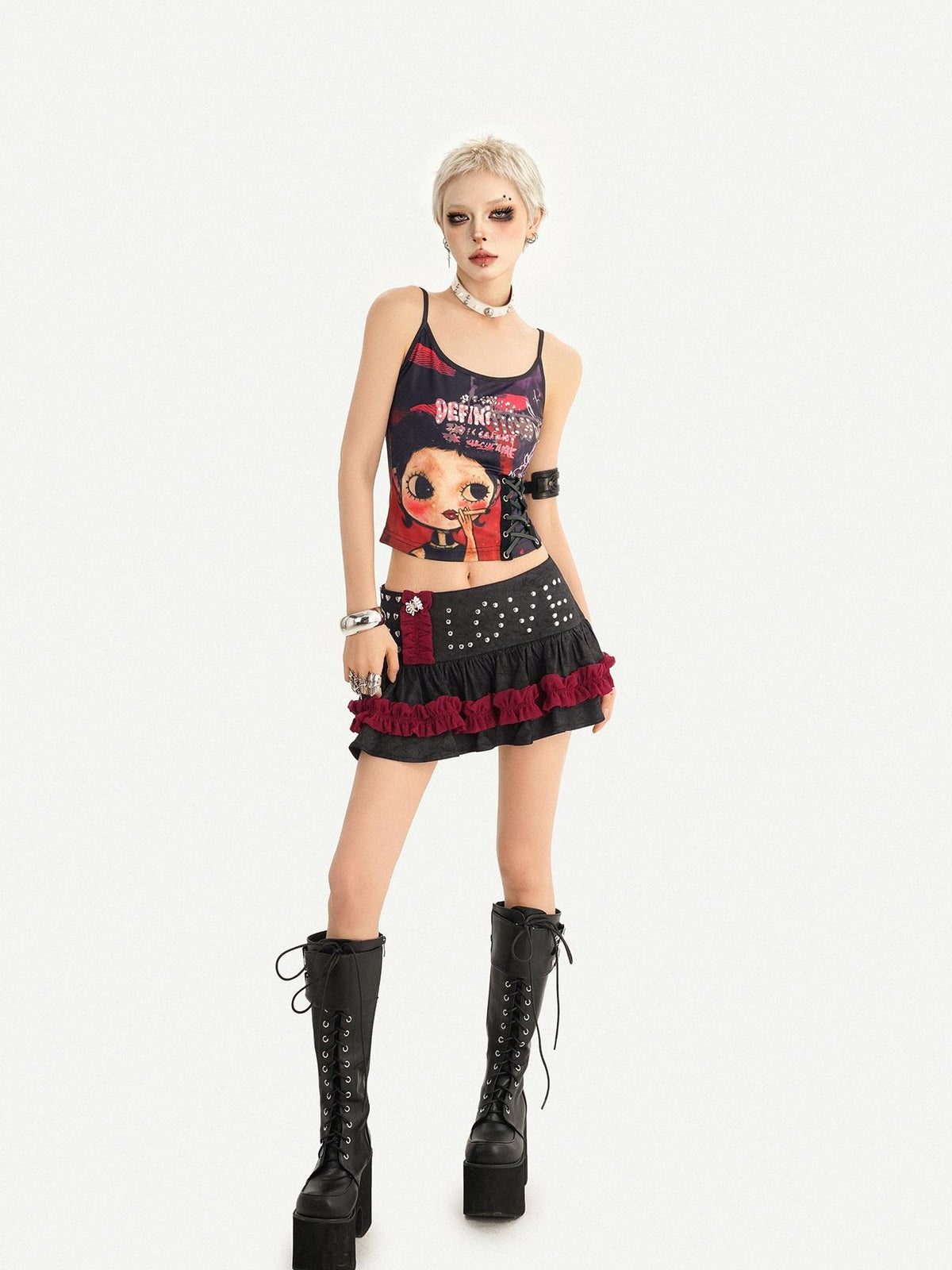 Nico Molly Black Red Studded Patchwork Tiered Women&