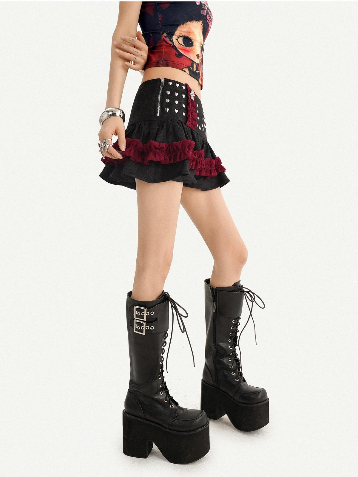Nico Molly Black Red Studded Patchwork Tiered Women&