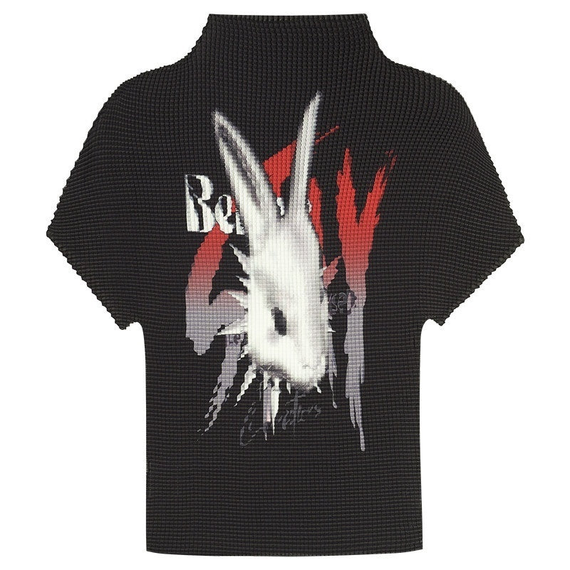 Nico_Molly_Black_Ruched_Graffiti_Print_Stand_Collar_Aline_Sleeve_Women&