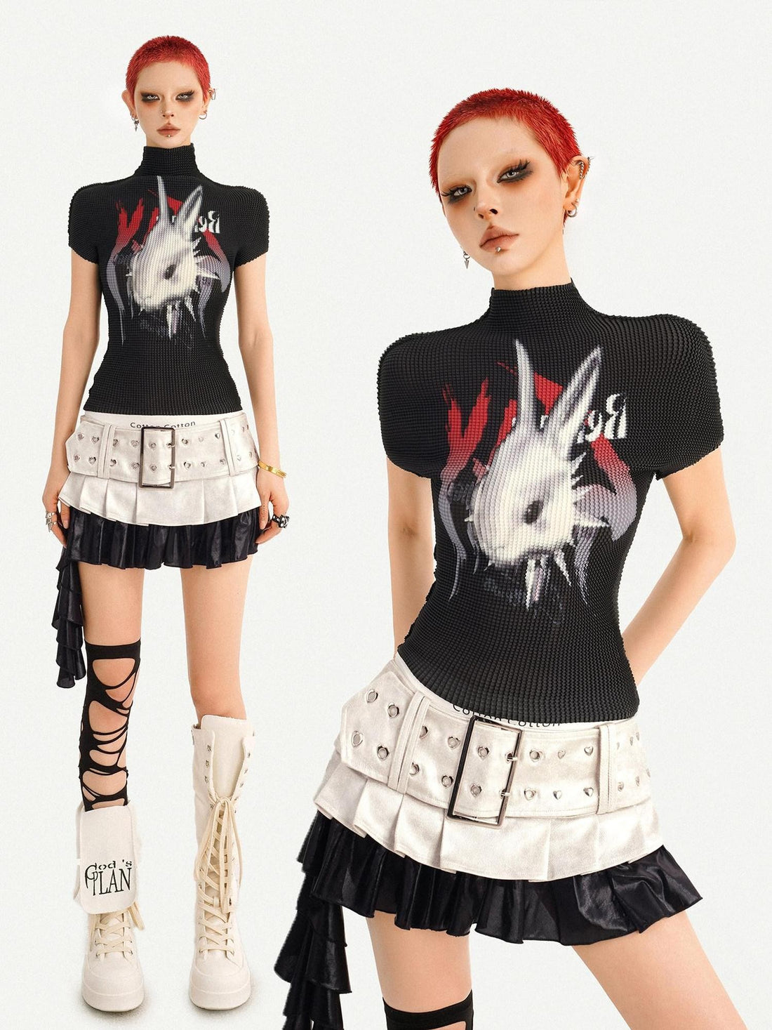 Nico Molly Black Ruched Graffiti Print Stand Collar Aline Sleeve Women&