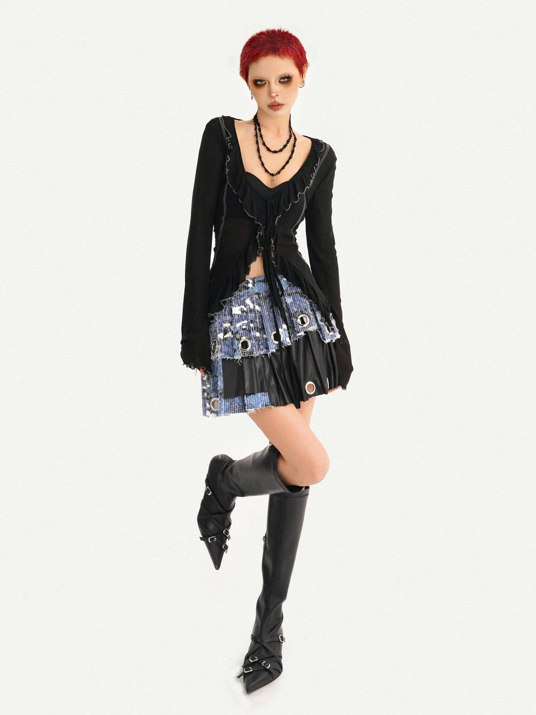 Nico Molly Black Ruffle Hem Patchwork Slim Fit Women&