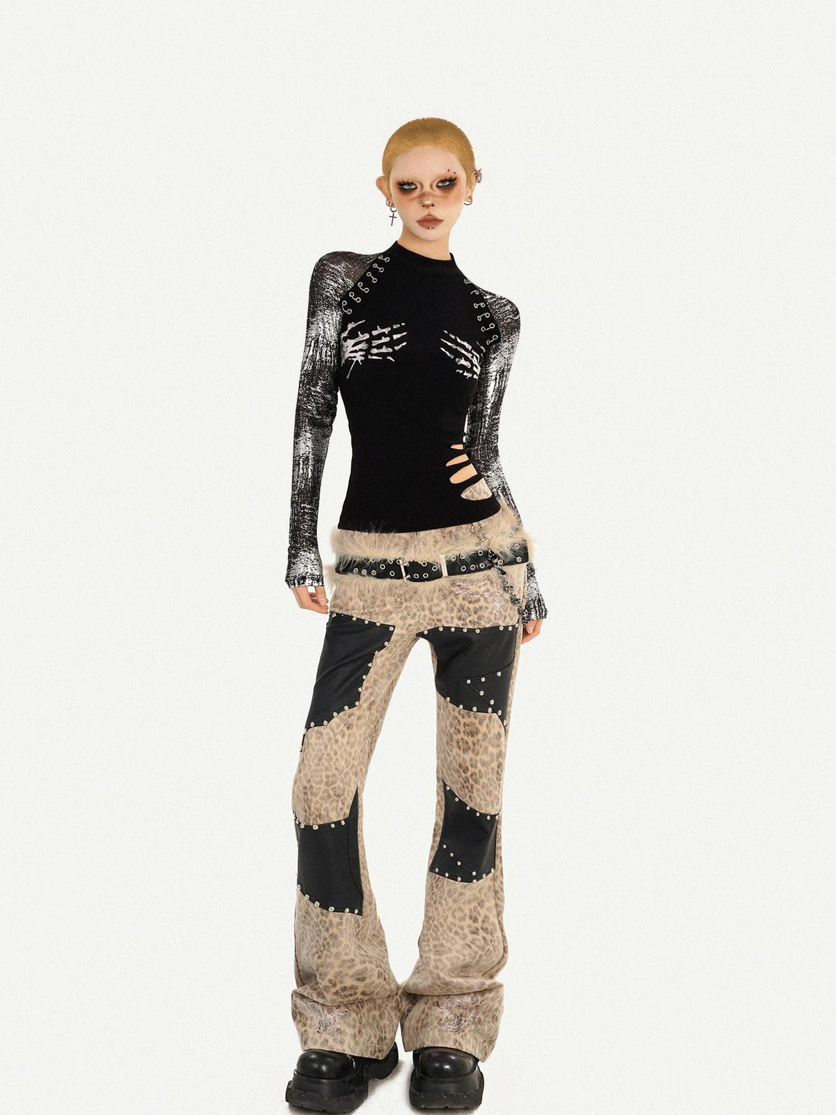 Nico Molly Black Skull Print Faux Two Piece Punk Slim Women&