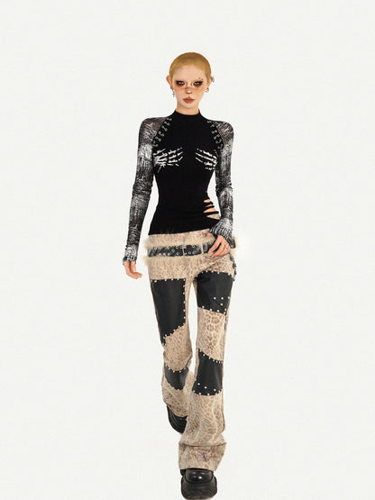 Nico Molly Black Skull Print Faux Two Piece Punk Slim Women&