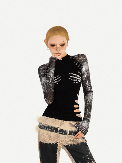 Nico Molly Black Skull Print Faux Two Piece Punk Slim Women&