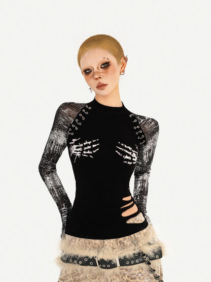 Nico Molly Black Skull Print Faux Two Piece Punk Slim Women&