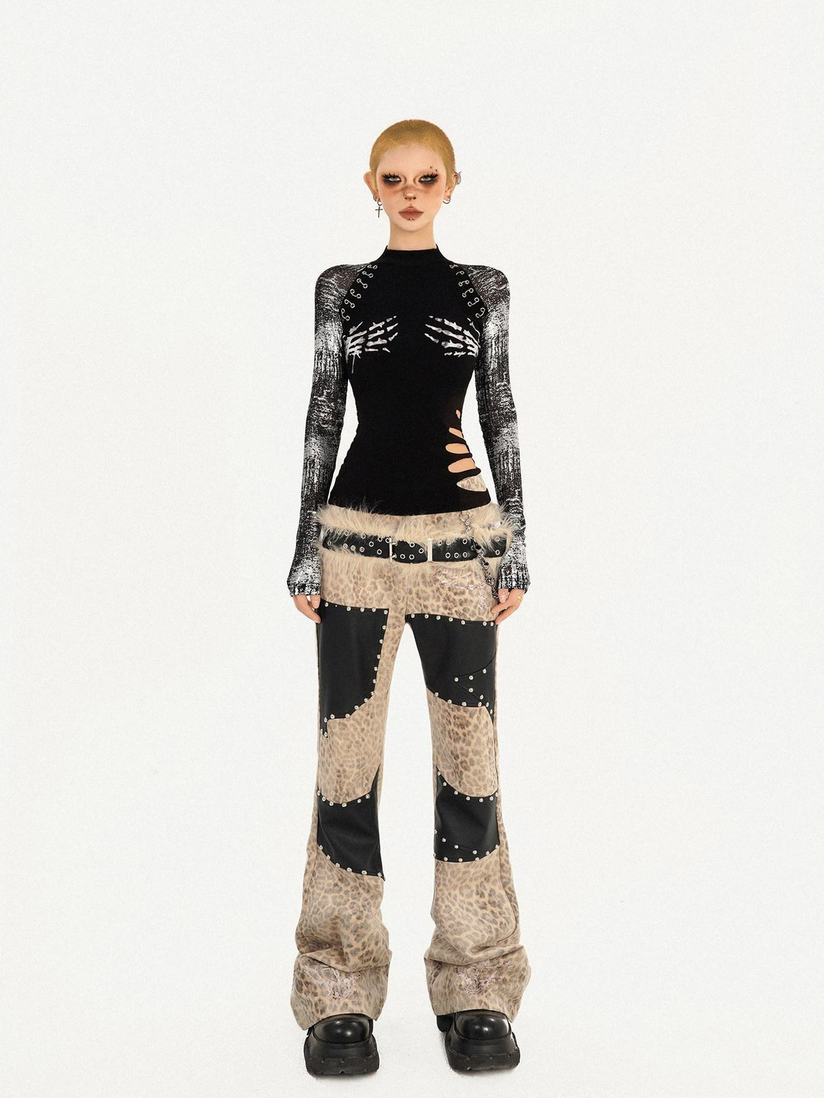 Nico Molly Black Skull Print Faux Two Piece Punk Slim Women&