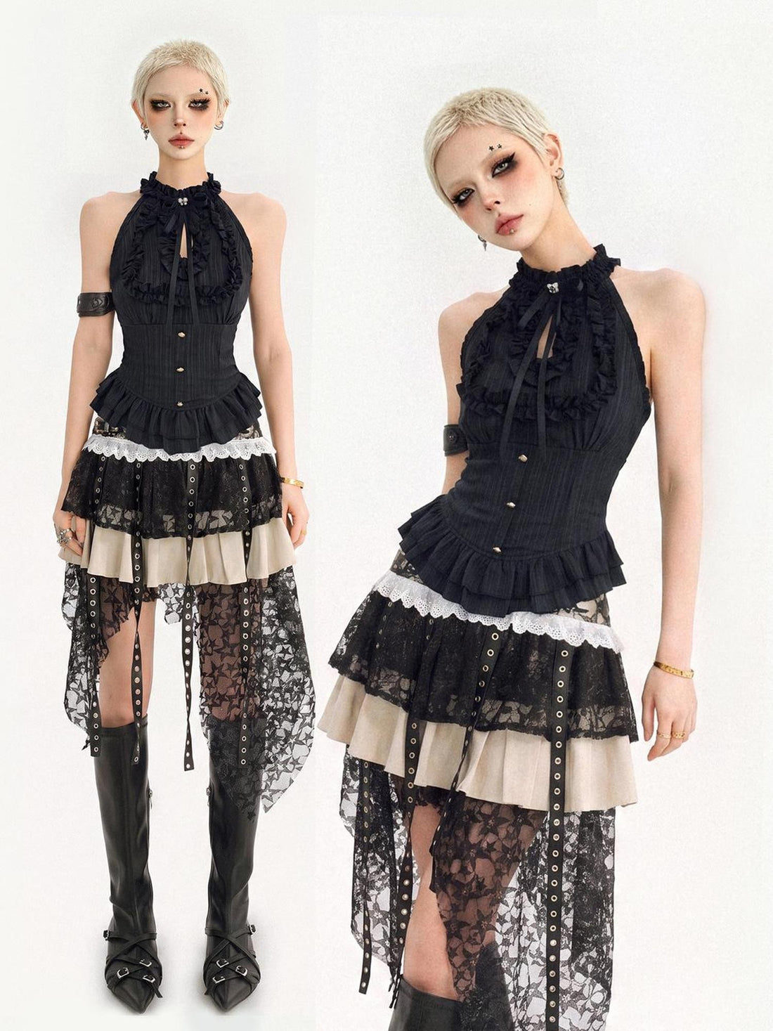 Nico Molly Black Street Goth Asymmetrical Ruffle Slim Fit Women&