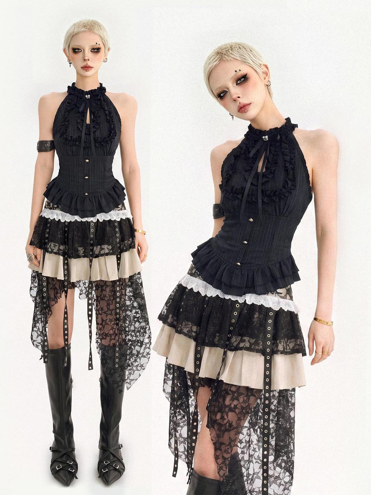 Nico Molly Black Street Goth Asymmetrical Ruffle Slim Fit Women&