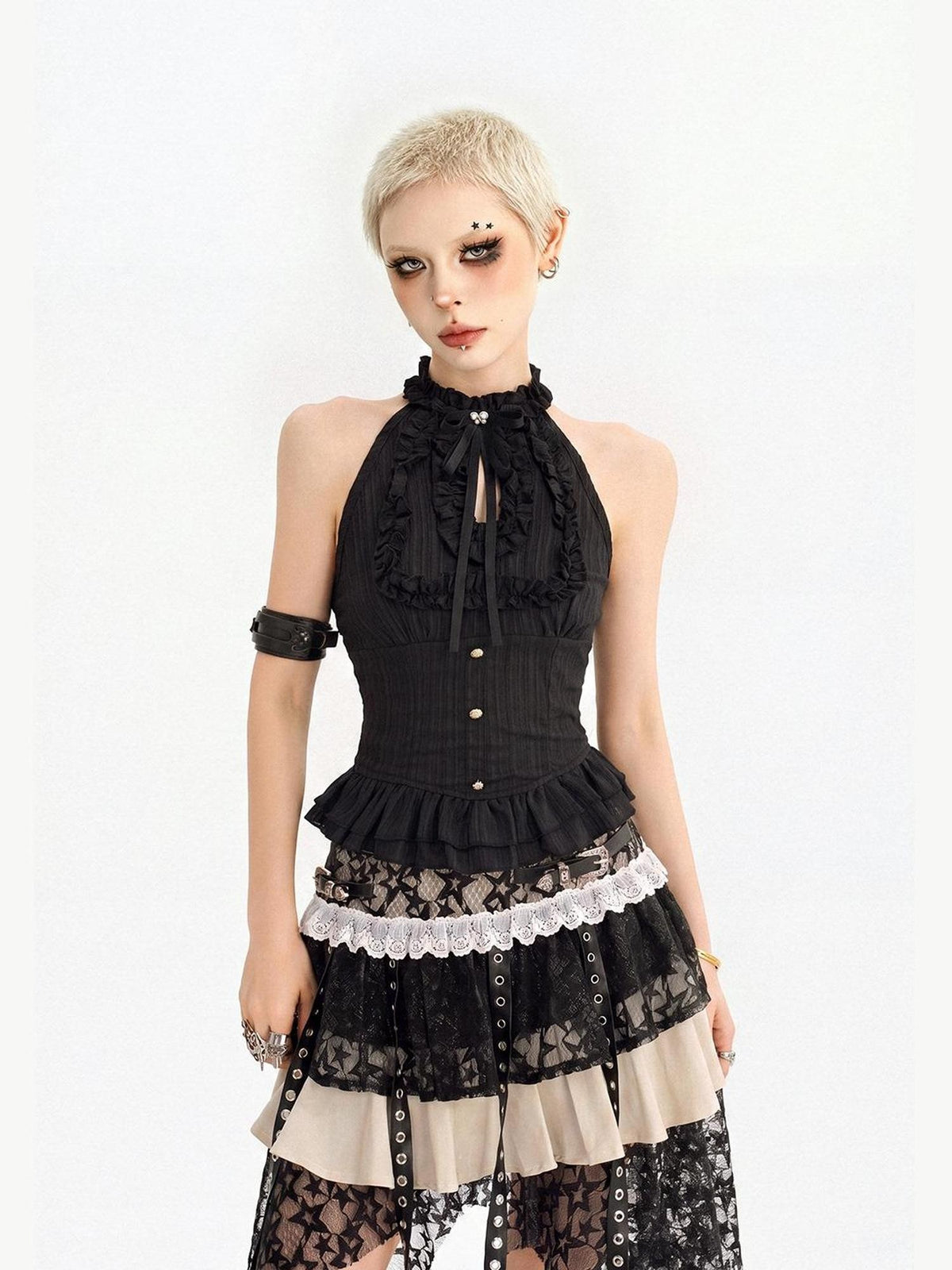 Nico Molly Black Street Goth Asymmetrical Ruffle Slim Fit Women&