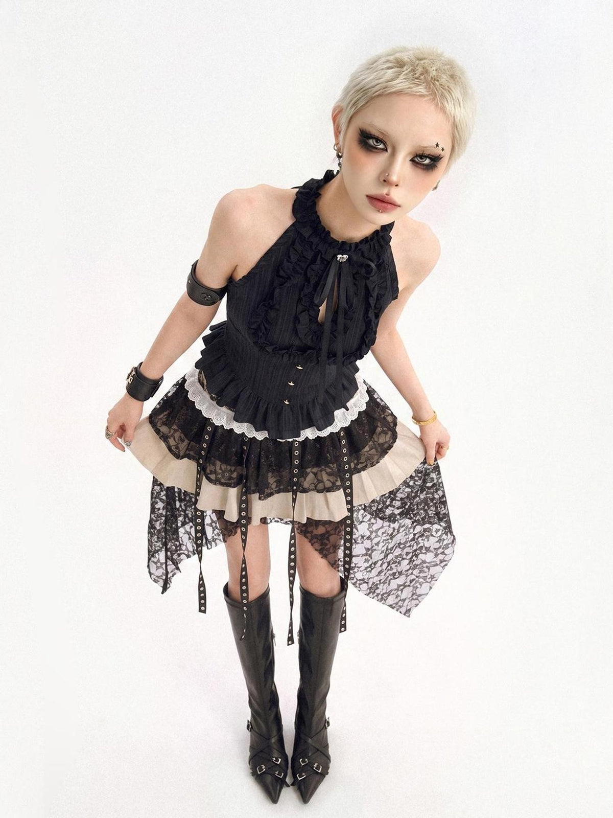 Nico Molly Black Street Goth Asymmetrical Ruffle Slim Fit Women&