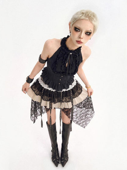 Nico Molly Black Street Goth Asymmetrical Ruffle Slim Fit Women&