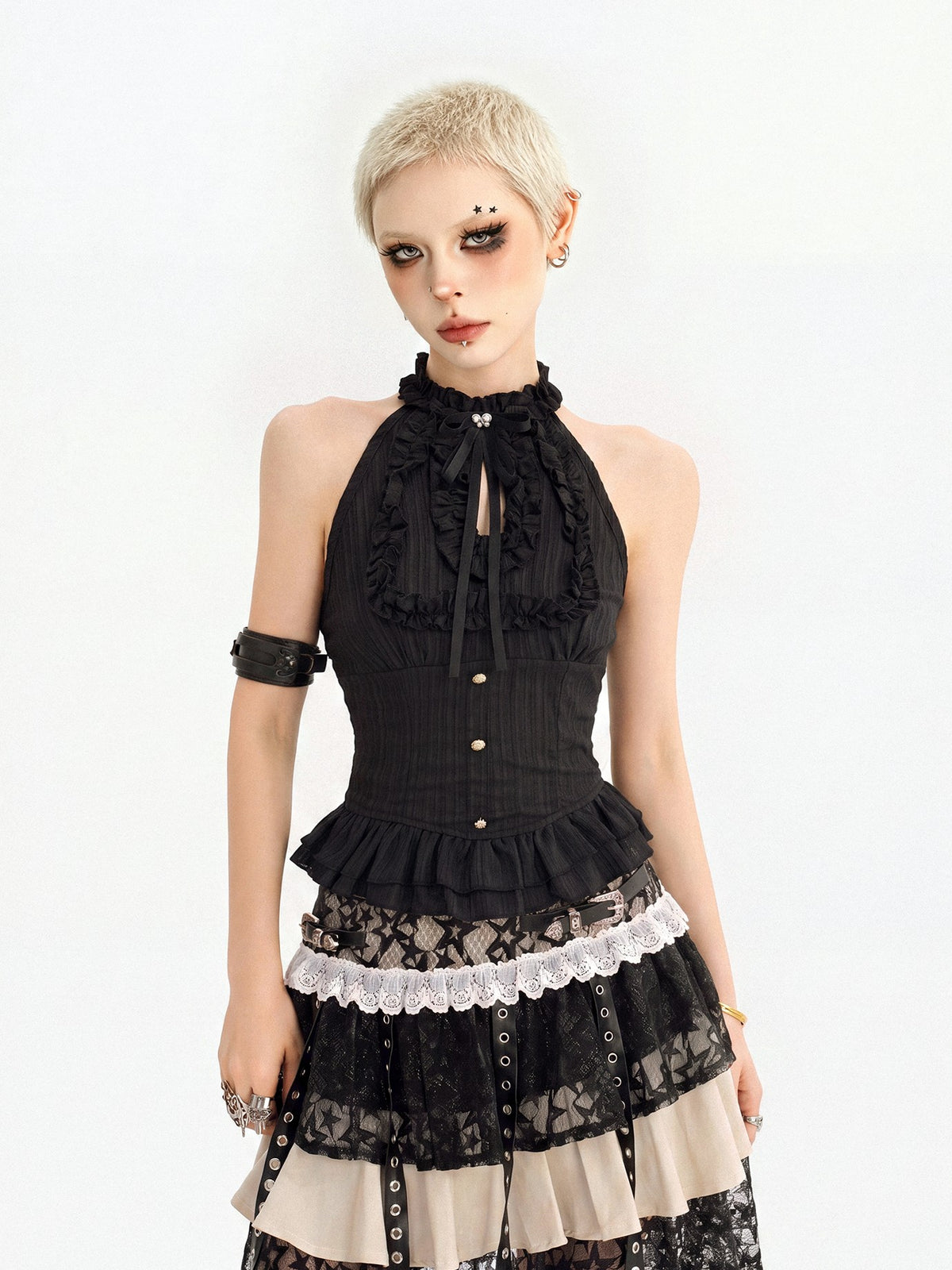 Nico Molly Black Street Goth Asymmetrical Ruffle Slim Fit Women&