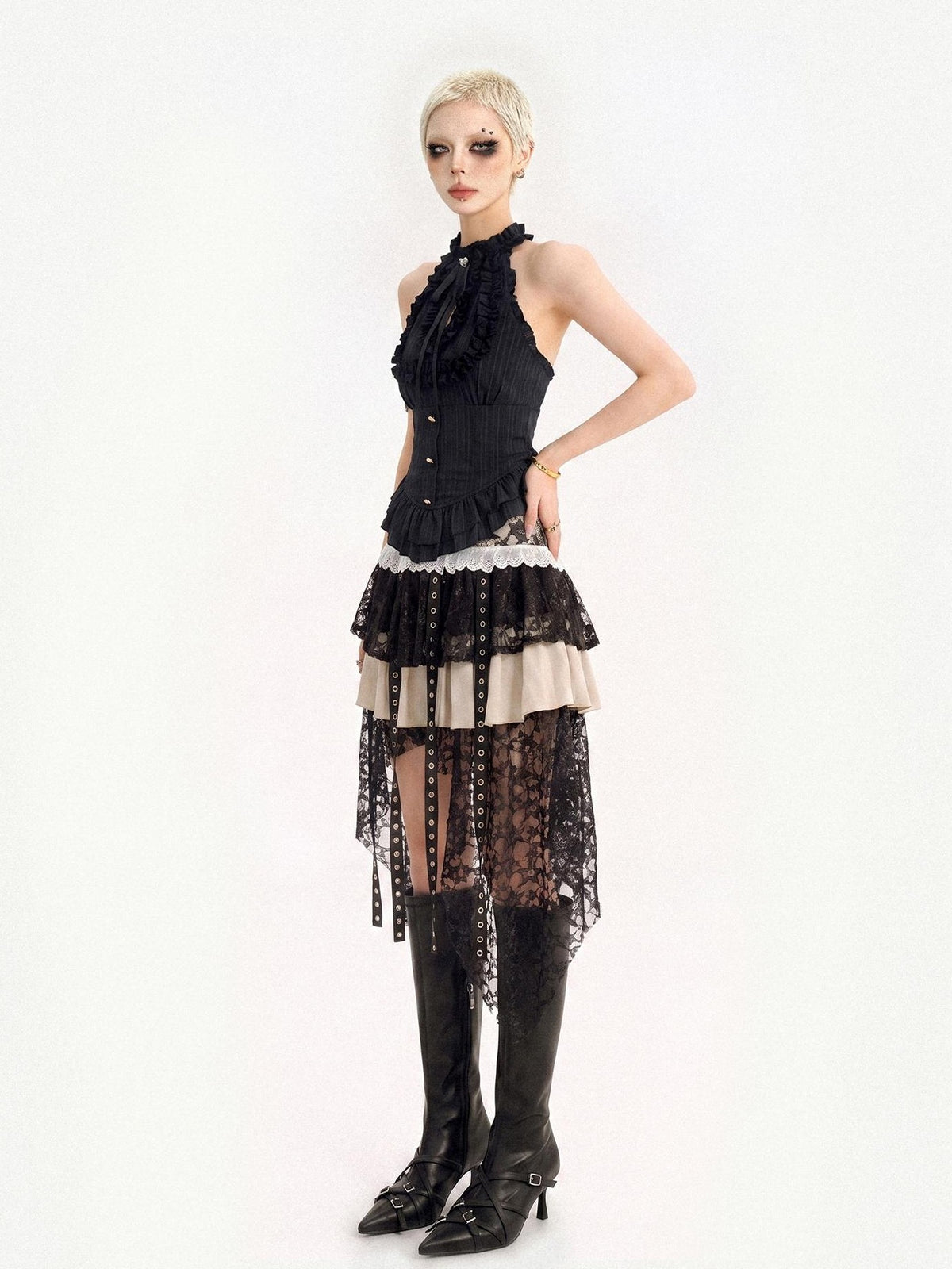 Nico Molly Black Street Goth Asymmetrical Ruffle Slim Fit Women&