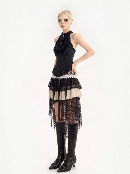 Nico Molly Black Street Goth Asymmetrical Ruffle Slim Fit Women&