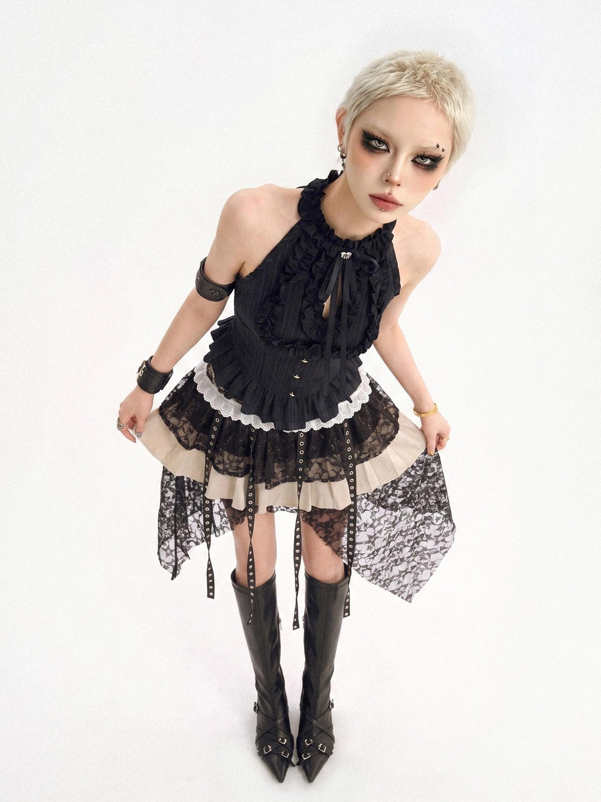 Nico Molly Black Street Goth Asymmetrical Ruffle Slim Fit Women&