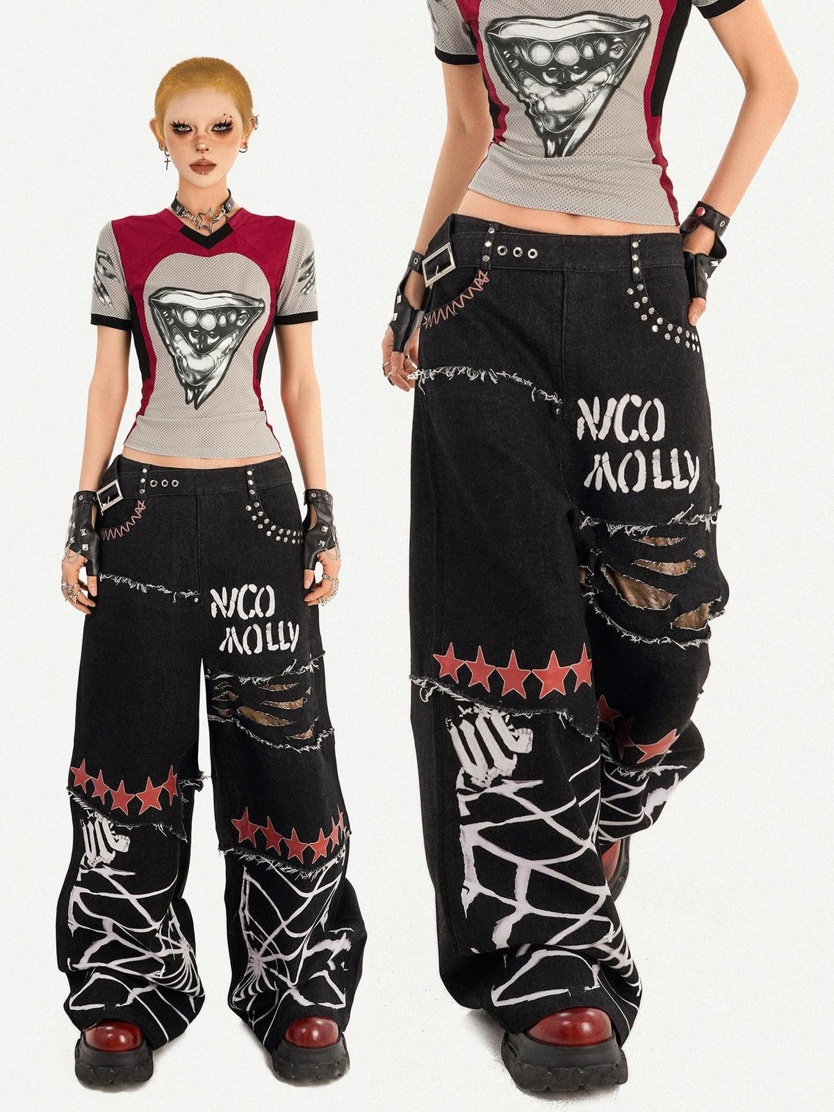 Nico Molly Black Street Ripped Graffiti Letter Loose Fit Women&