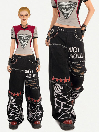 Nico Molly Black Street Ripped Graffiti Letter Loose Fit Women&