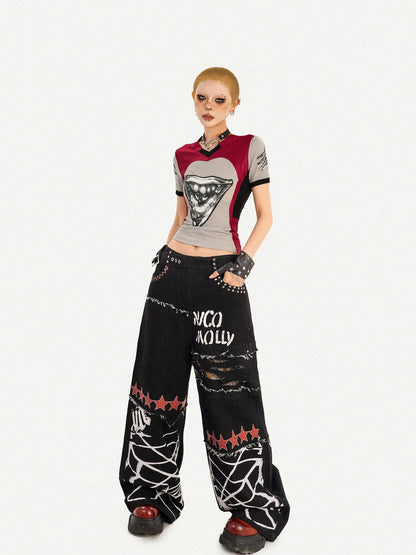 Nico Molly Black Street Ripped Graffiti Letter Loose Fit Women&