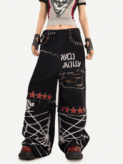 Nico Molly Black Street Ripped Graffiti Letter Loose Fit Women&