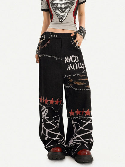 Nico Molly Black Street Ripped Graffiti Letter Loose Fit Women&