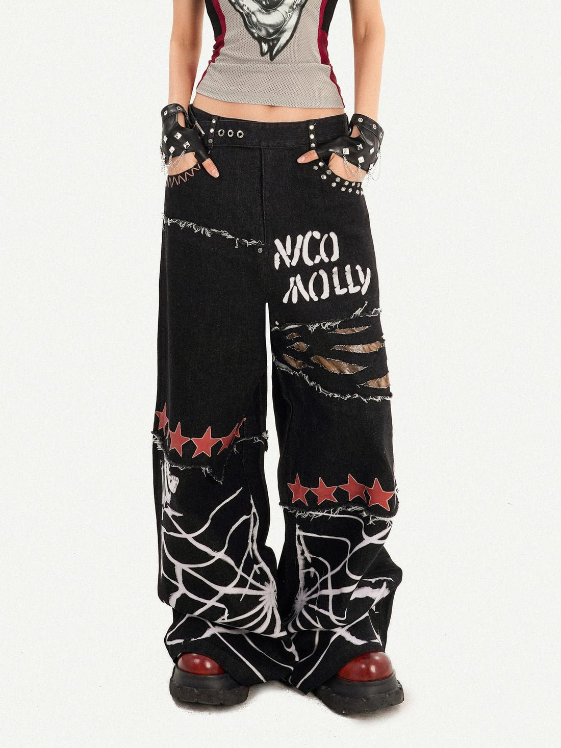 Nico Molly Black Street Ripped Graffiti Letter Loose Fit Women&