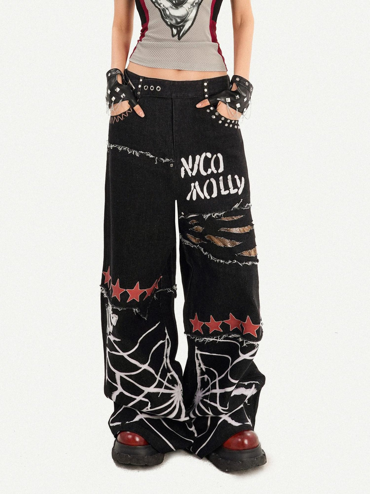 Nico Molly Black Street Ripped Graffiti Letter Loose Fit Women&