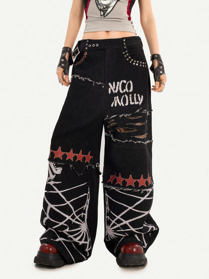Nico Molly Black Street Ripped Graffiti Letter Loose Fit Women&