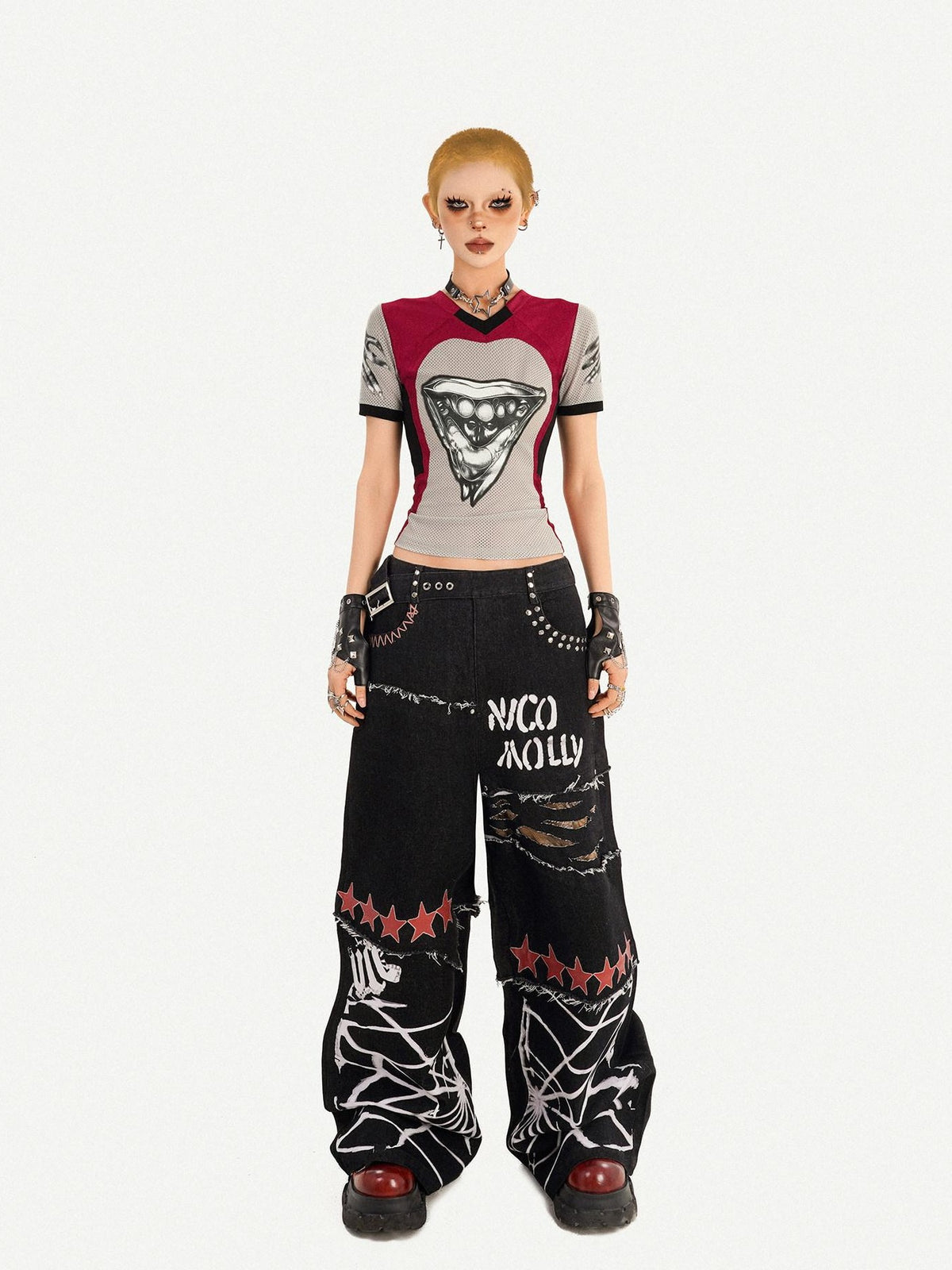 Nico Molly Black Street Ripped Graffiti Letter Loose Fit Women&