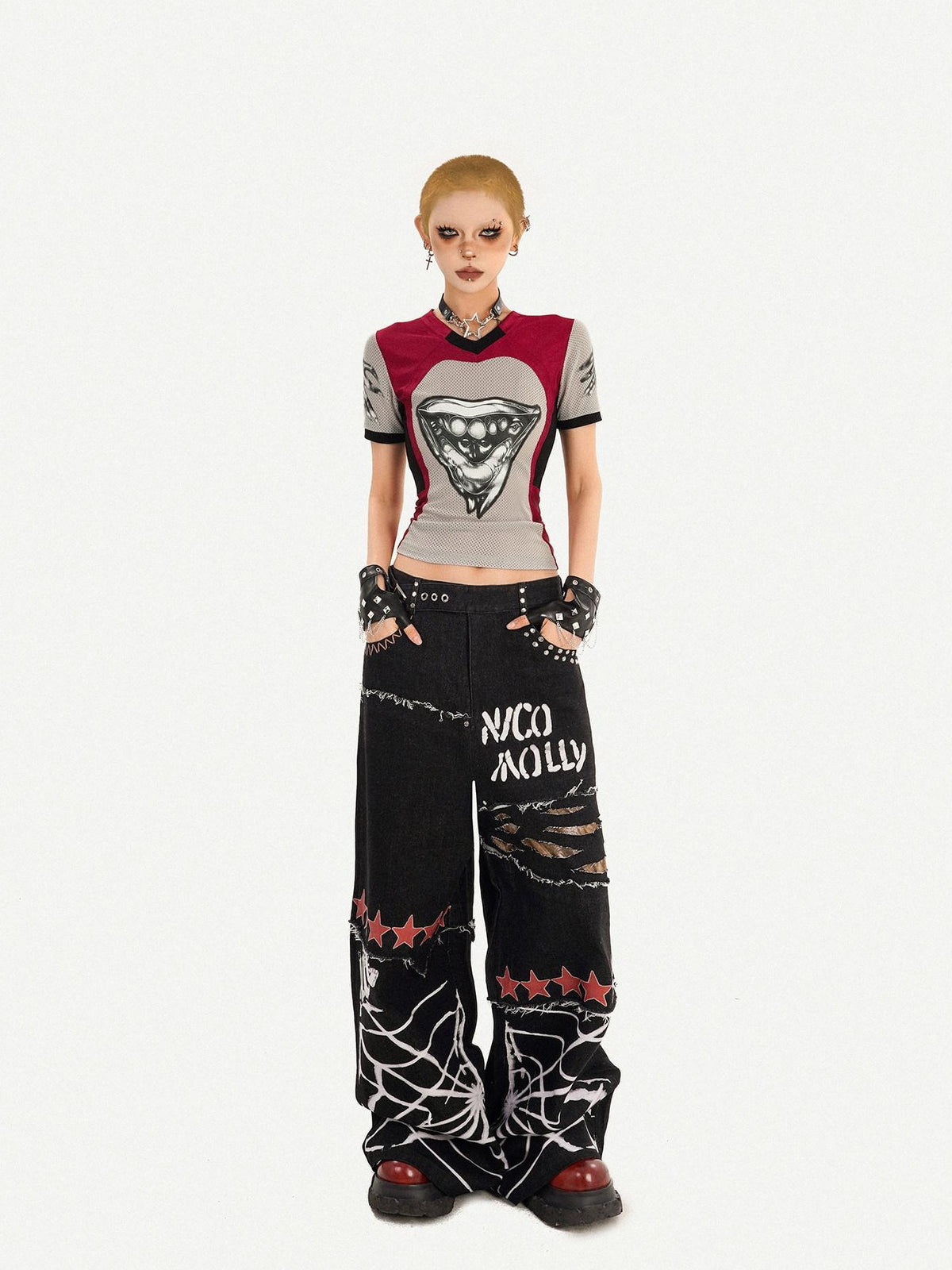 Nico Molly Black Street Ripped Graffiti Letter Loose Fit Women&