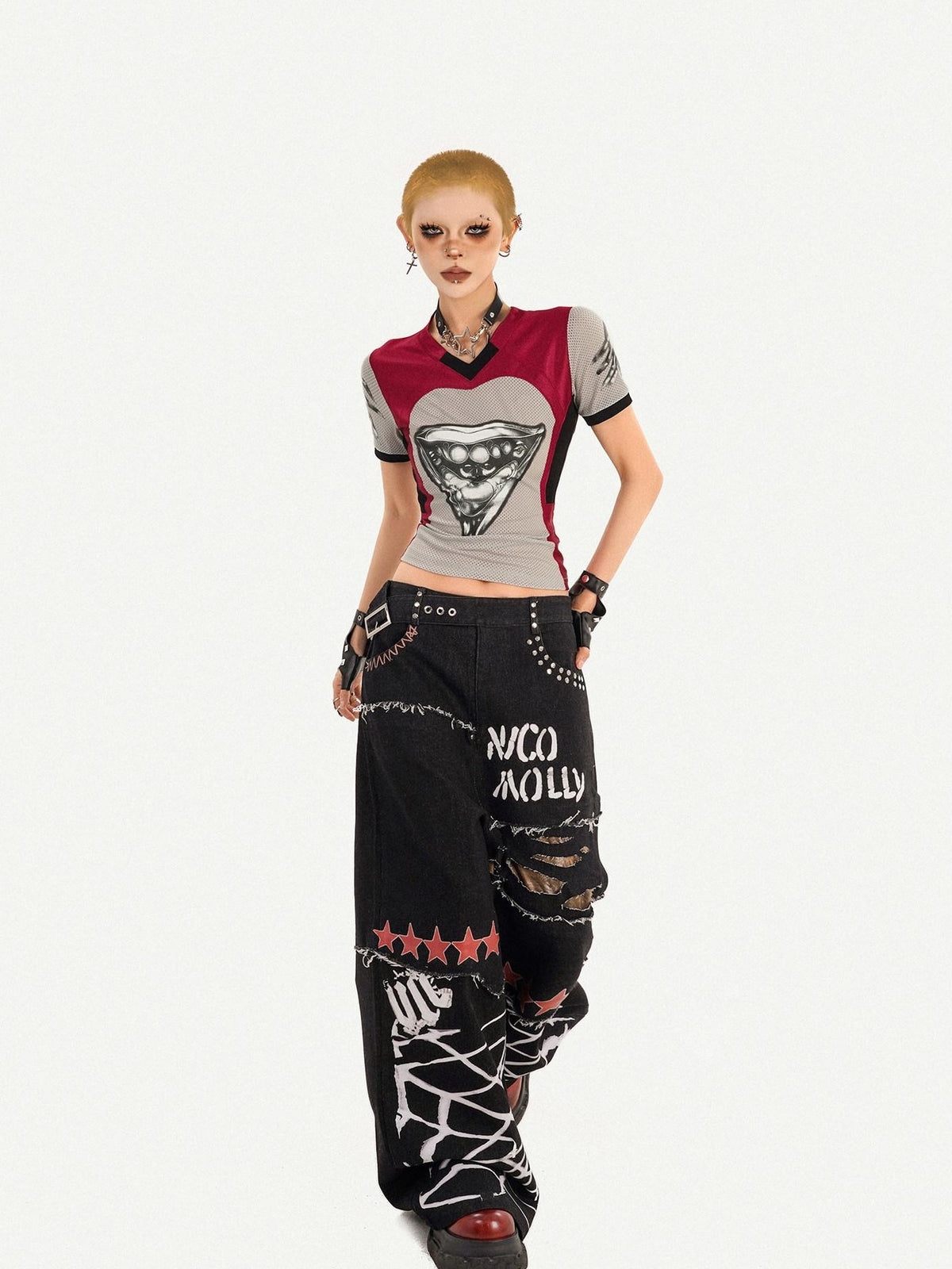 Nico Molly Black Street Ripped Graffiti Letter Loose Fit Women&