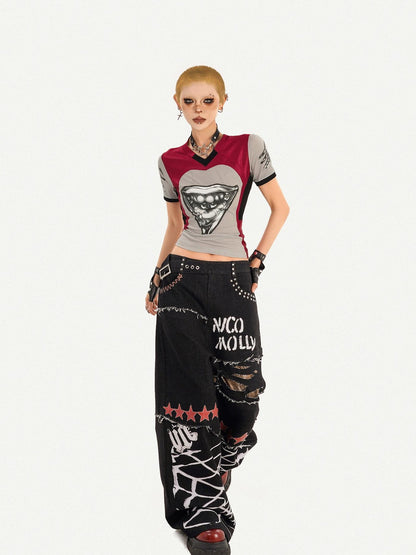 Nico Molly Black Street Ripped Graffiti Letter Loose Fit Women&