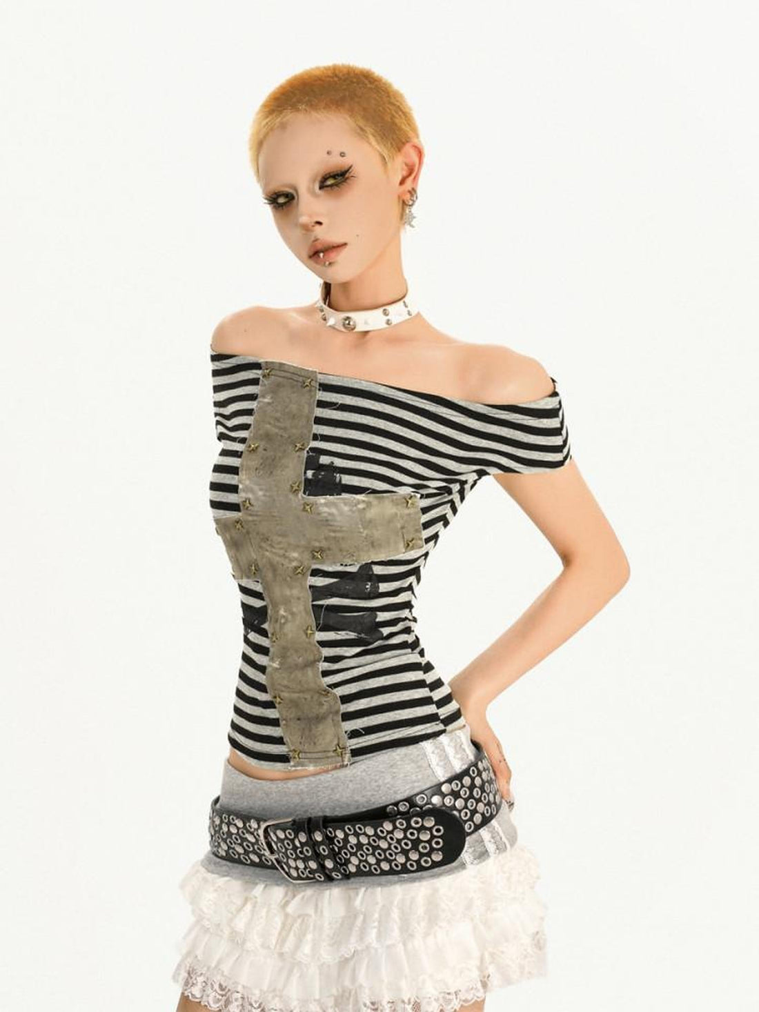 Nico Molly Black Striped Colorblock Cross Asymmetric Collar Women&