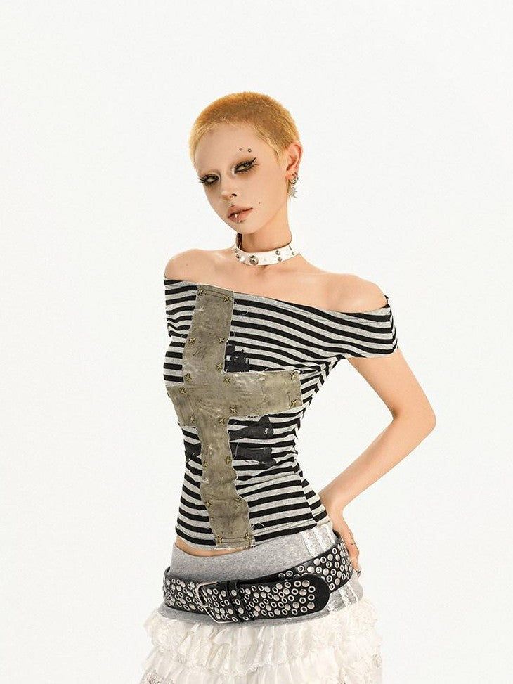 Nico Molly Black Striped Colorblock Cross Asymmetric Collar Women&