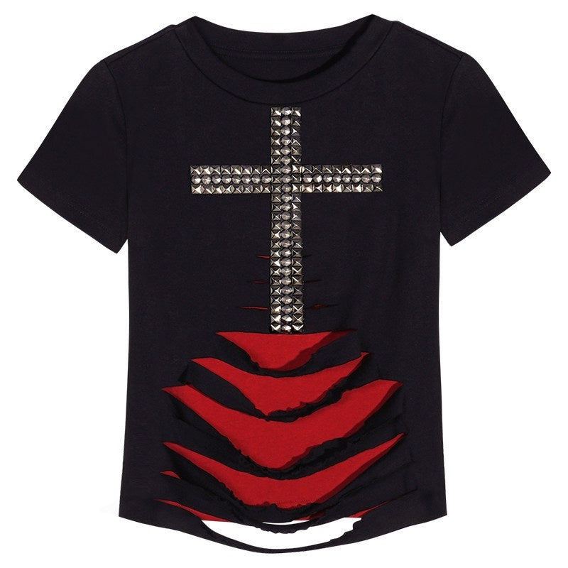 Nico_Molly_Black_Studded_Cross_Print_Ripped_Straight_Shoulder_Women&
