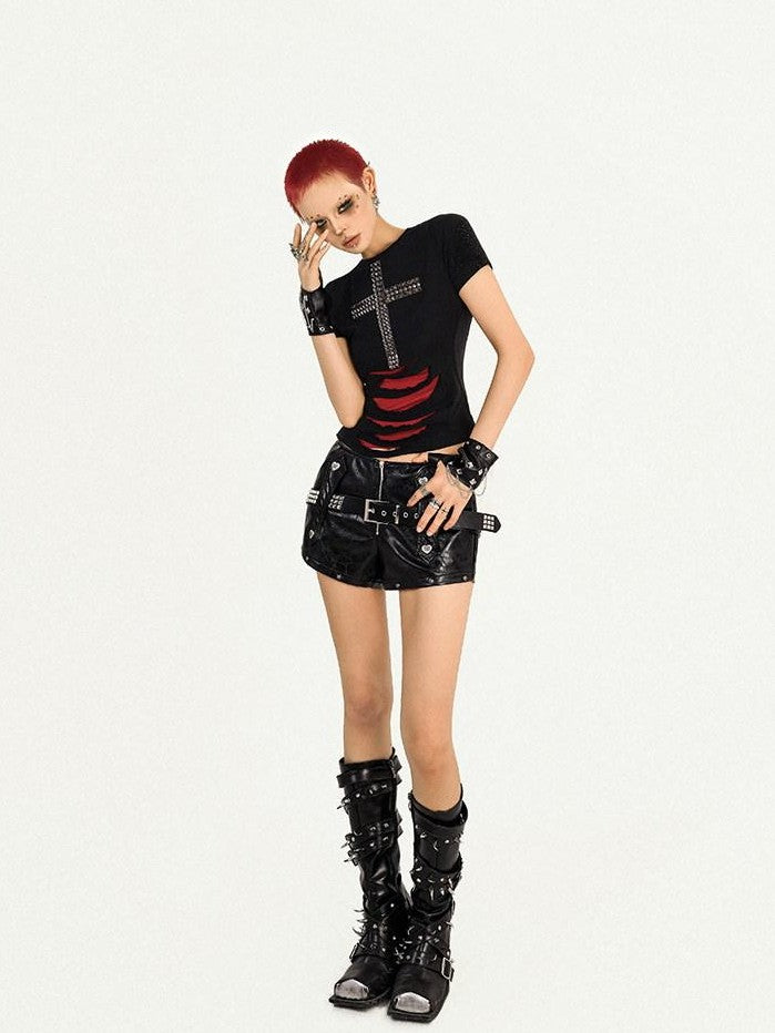 Nico Molly Black Studded Cross Print Ripped Straight Shoulder Women&