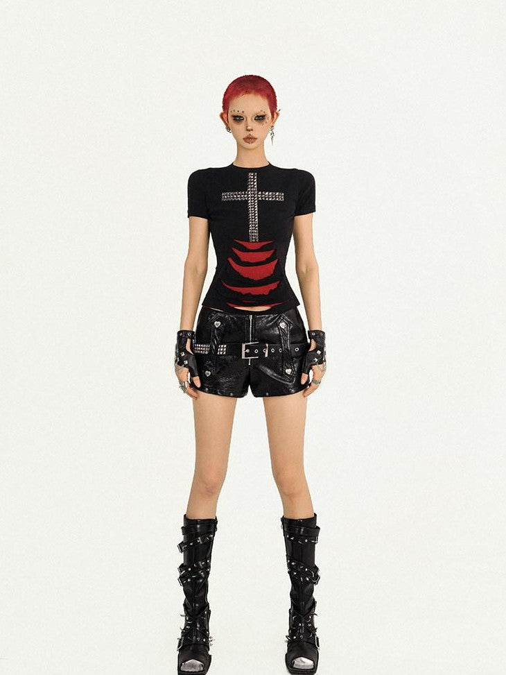 Nico Molly Black Studded Cross Print Ripped Straight Shoulder Women&