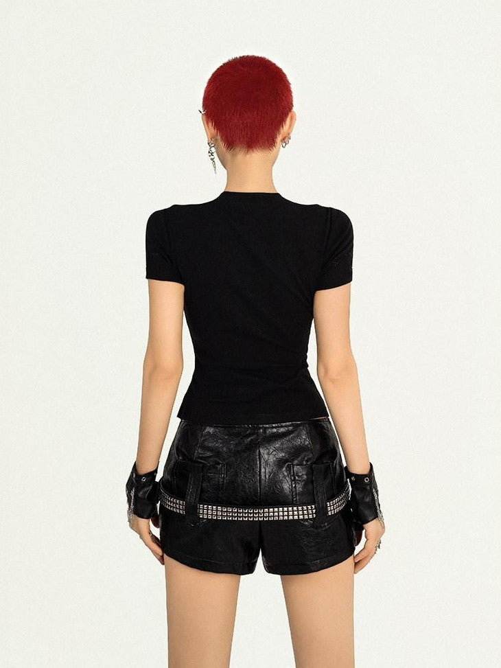 Nico Molly Black Studded Cross Print Ripped Straight Shoulder Women&