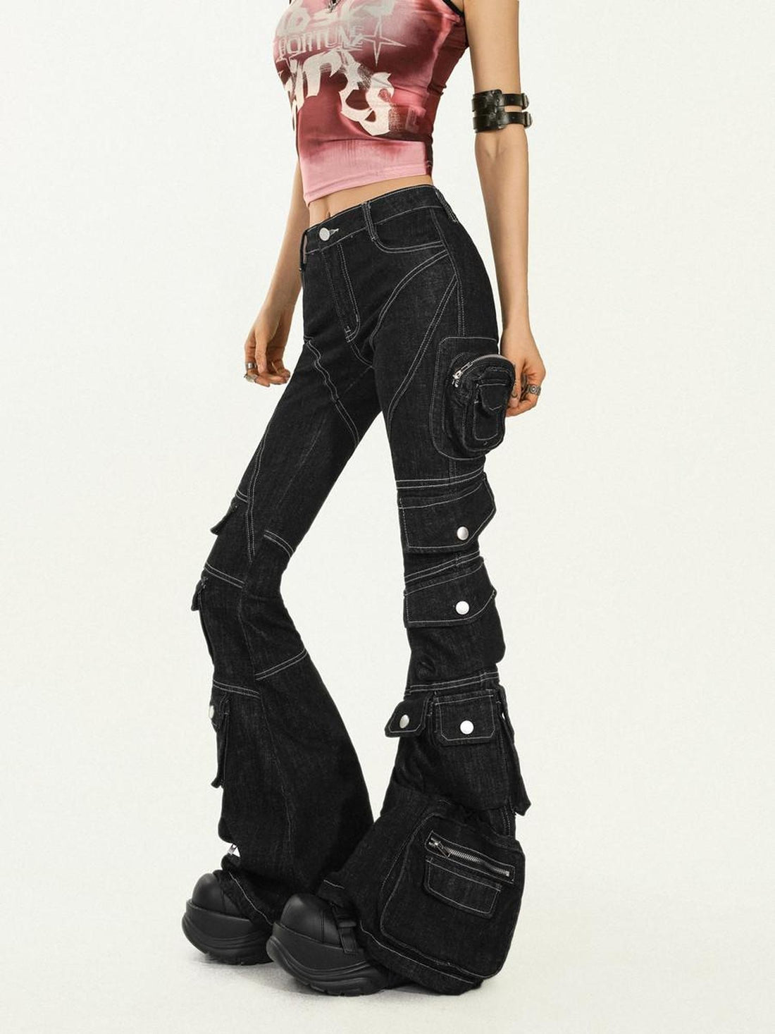 Nico Molly Black Tech Cargo Multi Pocket Slim Microflare Women&