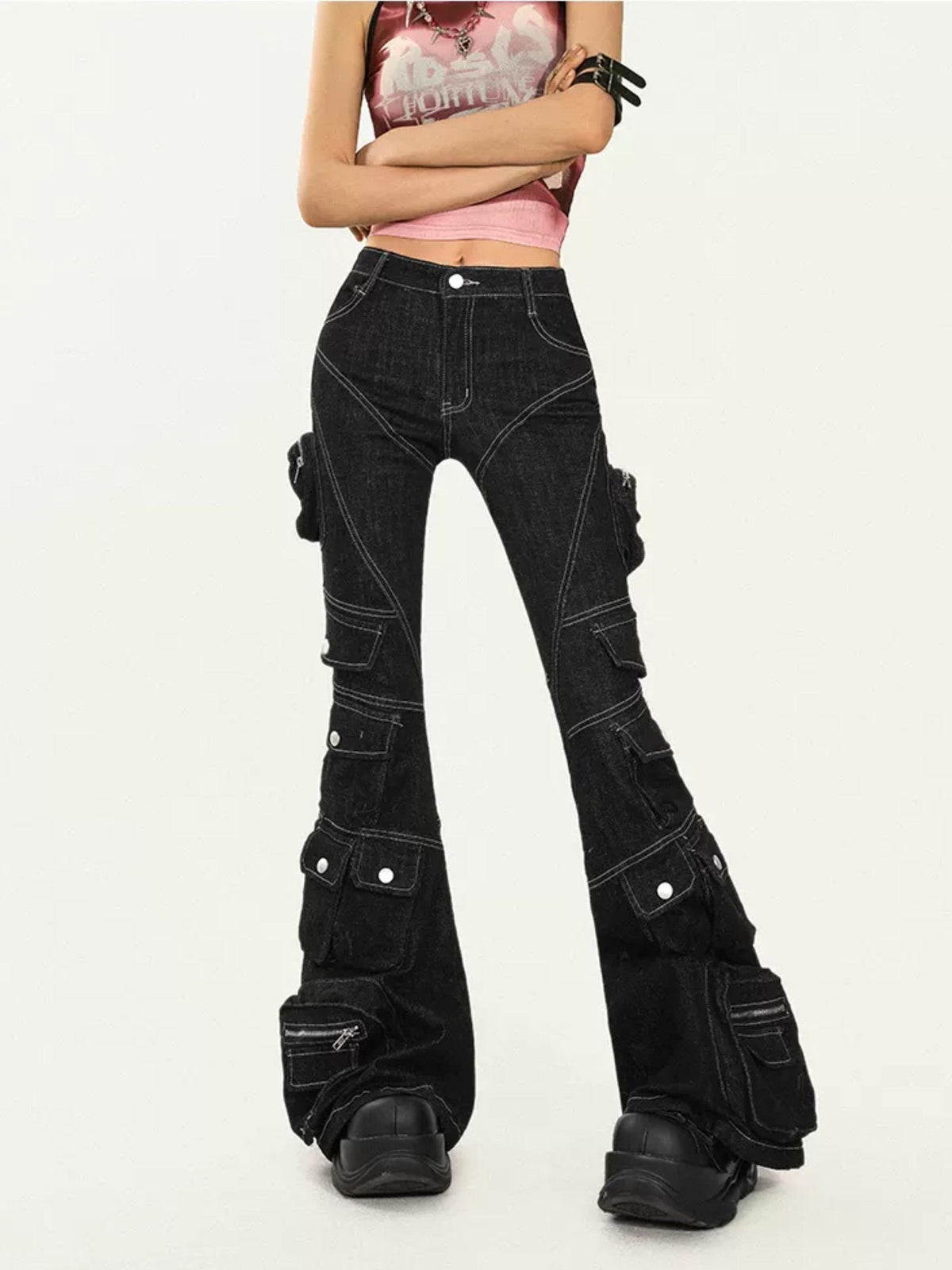 Nico Molly Black Tech Cargo Multi Pocket Slim Microflare Women&