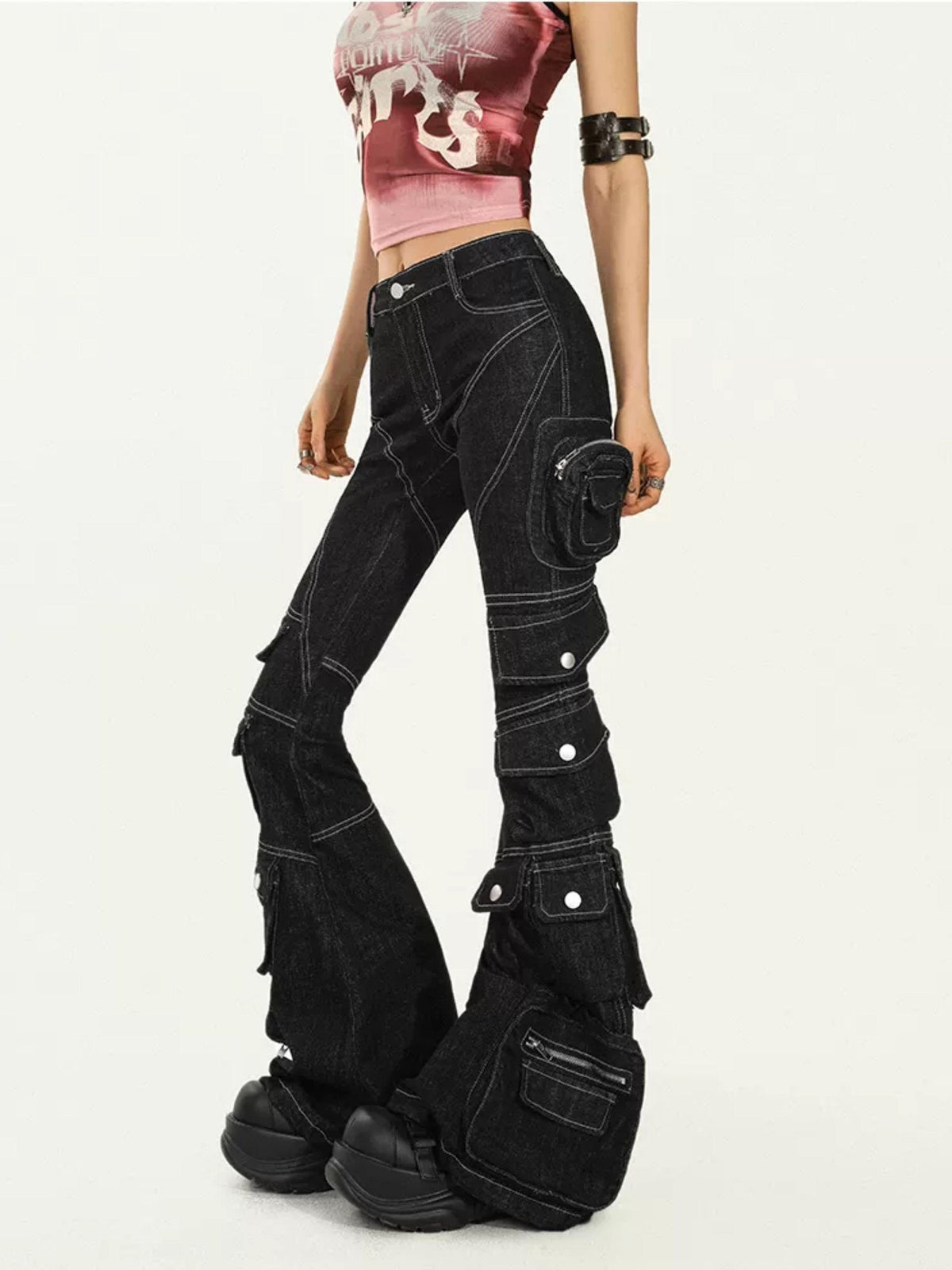 Nico Molly Black Tech Cargo Multi Pocket Slim Microflare Women&