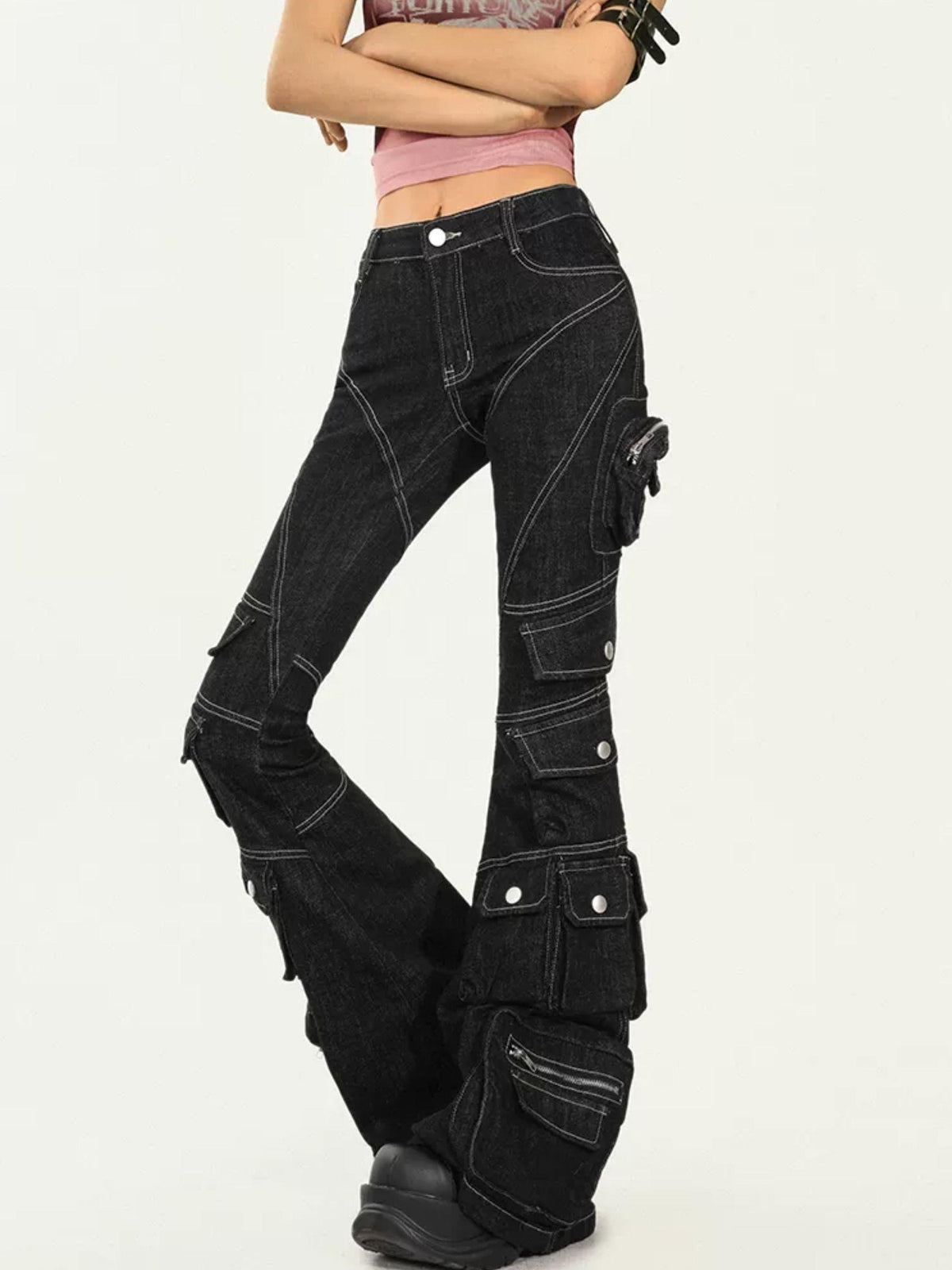 Nico Molly Black Tech Cargo Multi Pocket Slim Microflare Women&