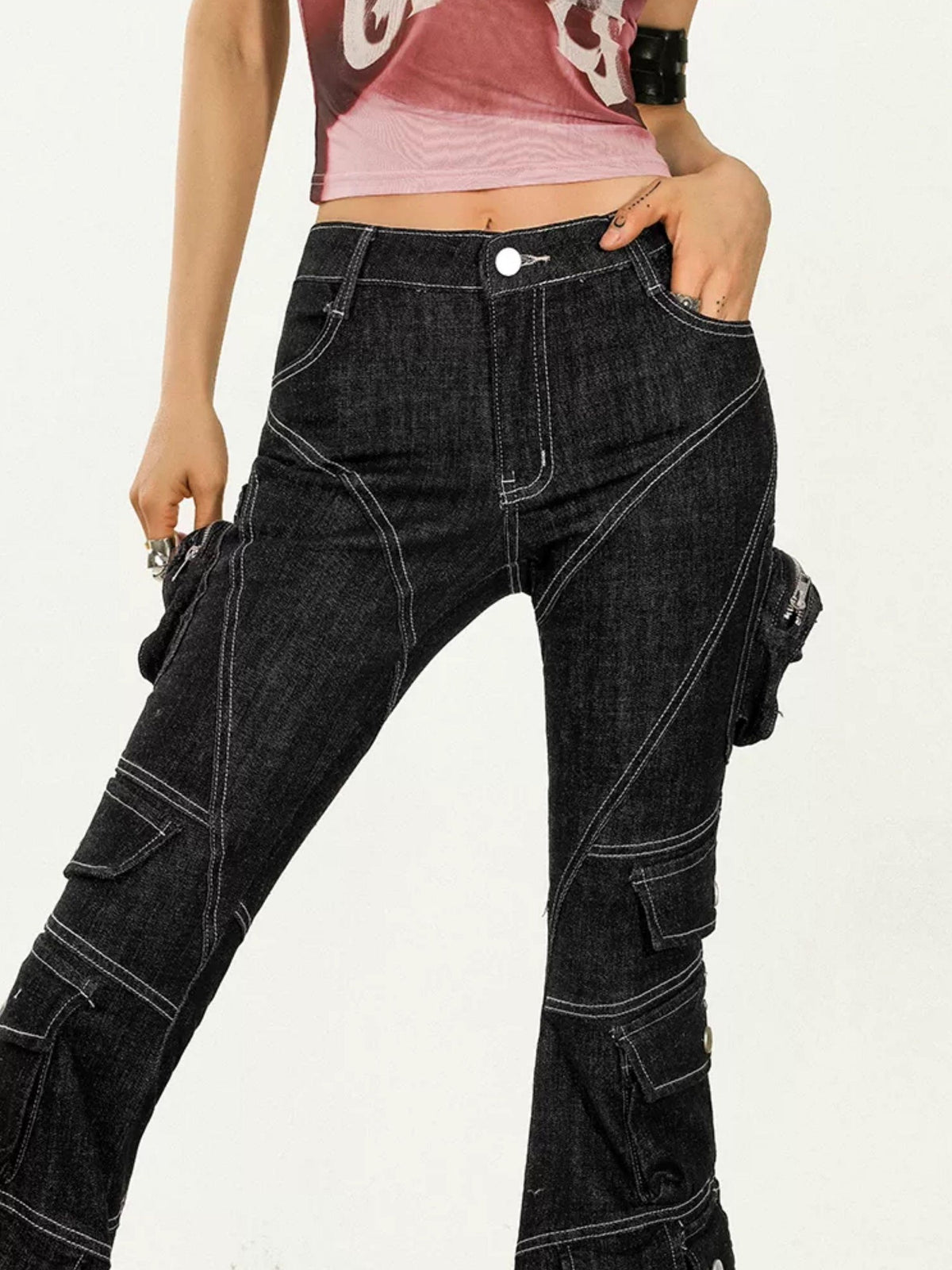 Nico Molly Black Tech Cargo Multi Pocket Slim Microflare Women&
