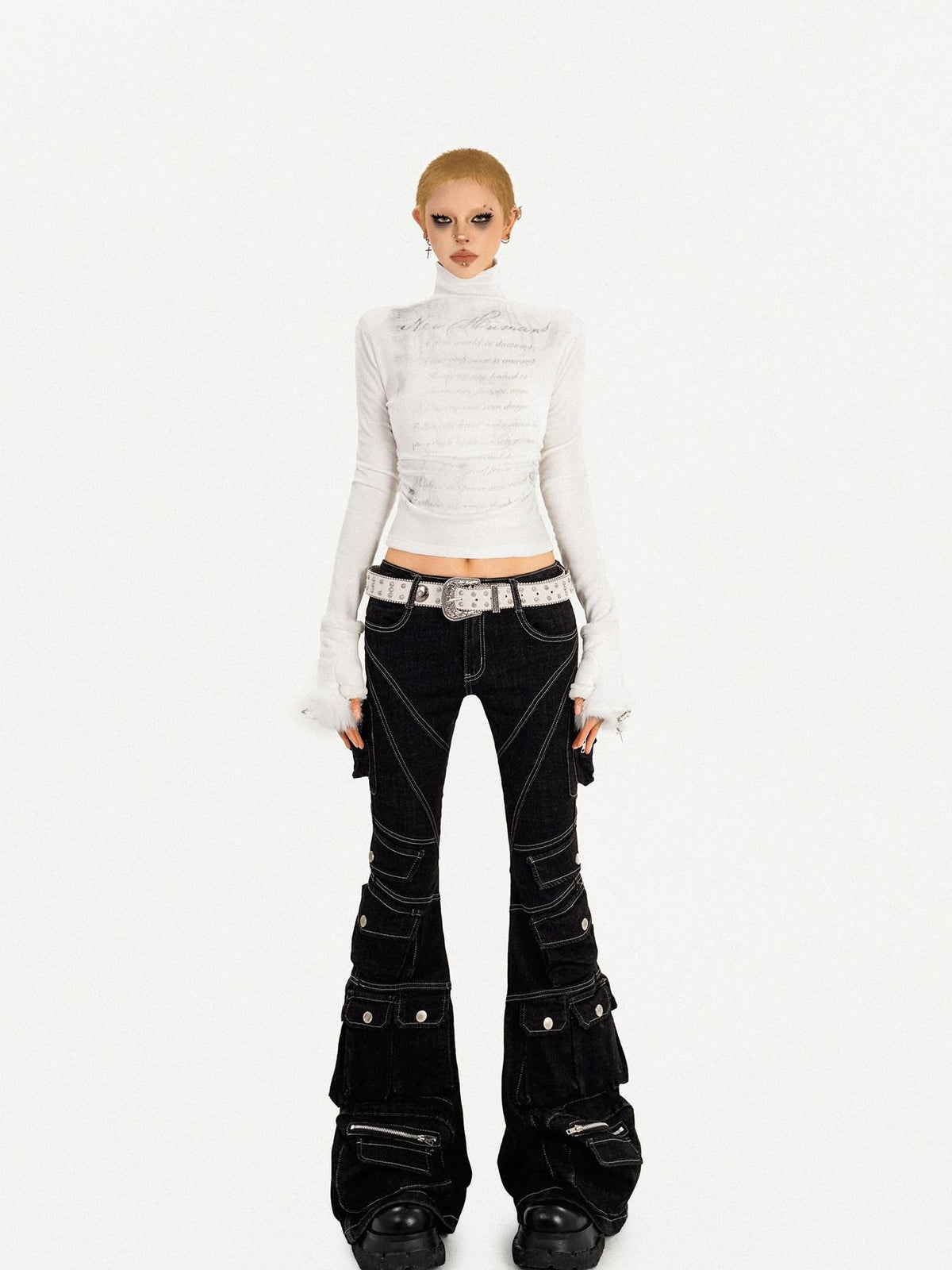 Nico Molly Black Tech Cargo Multi Pocket Slim Microflare Women&