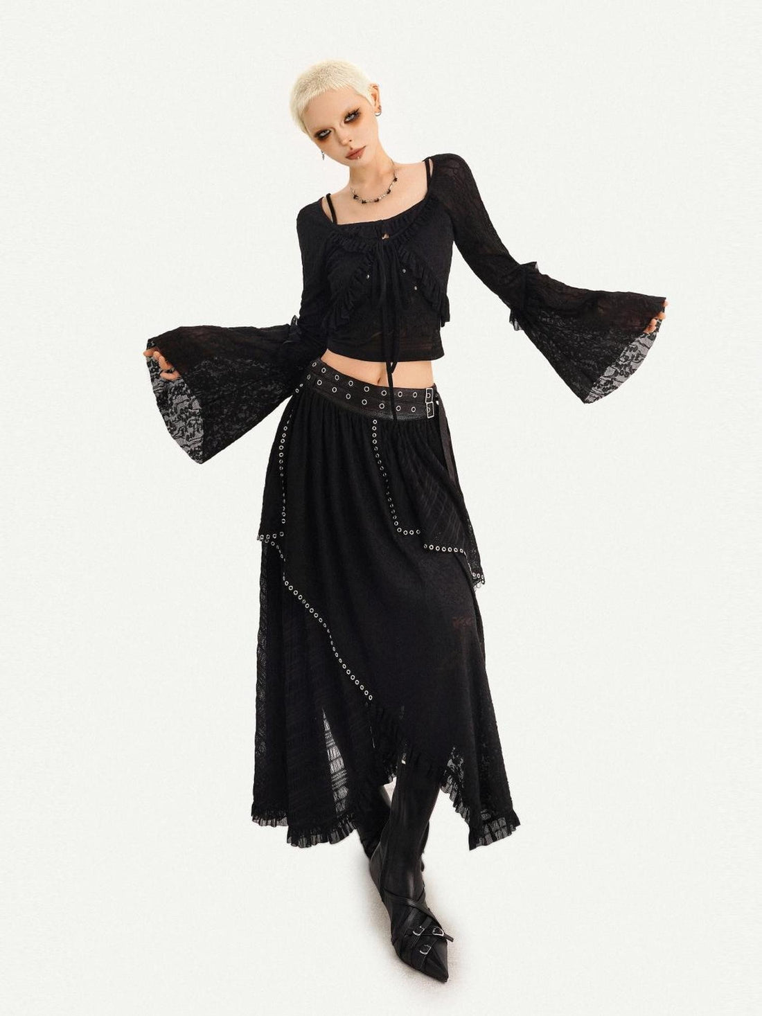 Nico Molly Black Vintage Street Slim Tie Front Cropped Long Sleeve Women&
