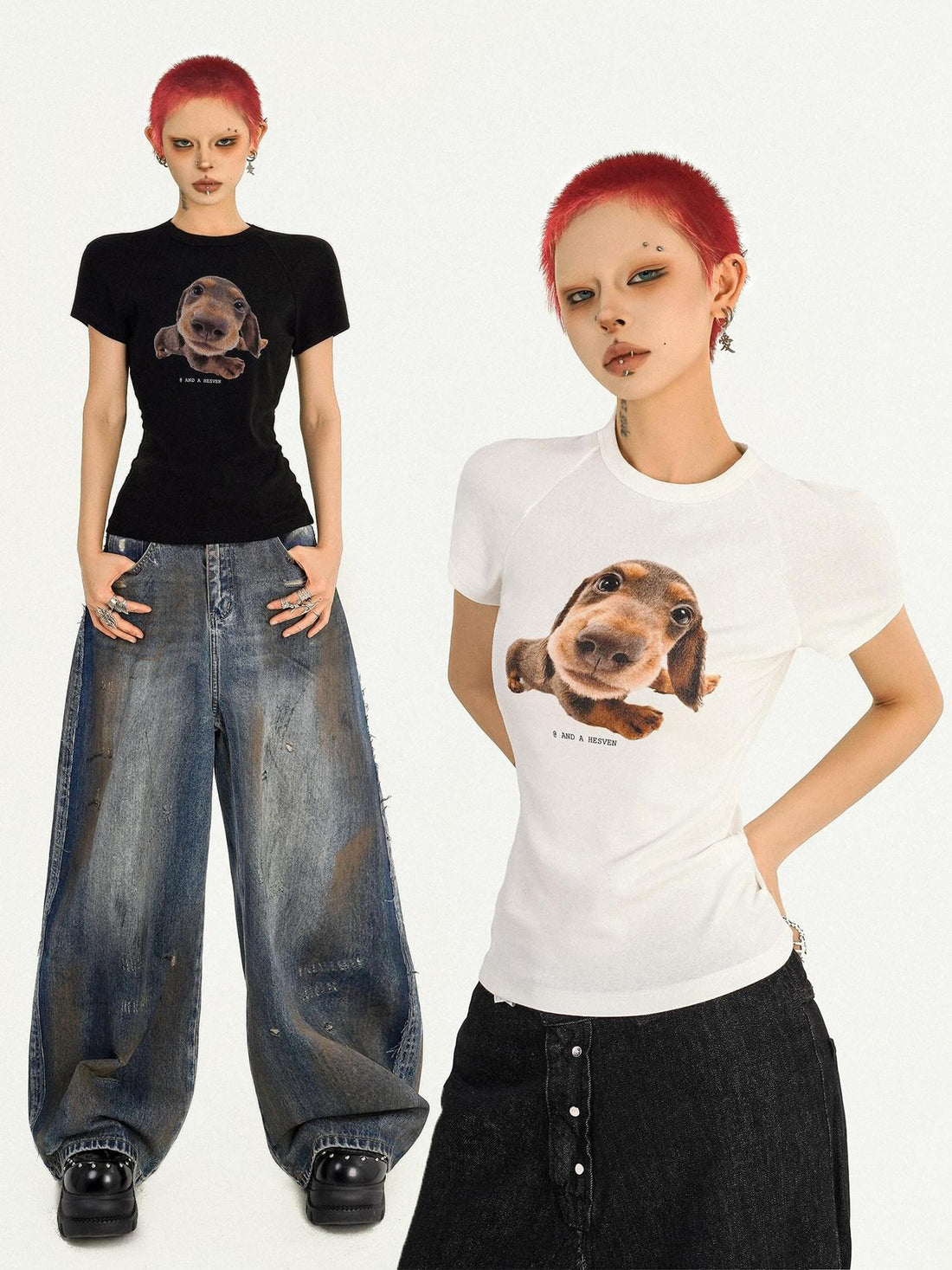 Nico Molly Black White Retro Dog Print Streetwear Fitted Women&