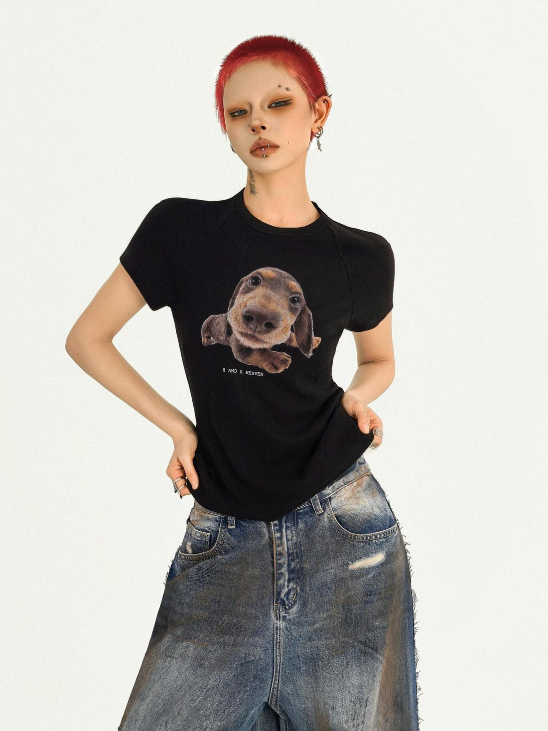 Nico Molly Black White Retro Dog Print Streetwear Fitted Women&